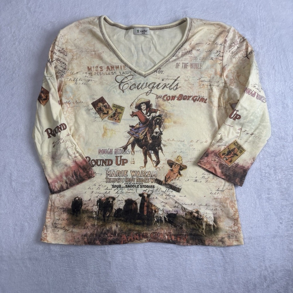 Y2K Cactus Annie Oakley Cowgirls Yellow Graphic 3/4 Sleeve Shirt Women's Large